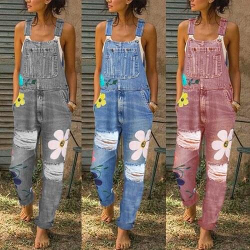 Womens jean overalls slacks 2021 fashion print vintage mommy coveralls ripped sleeveless suspenders womens jean pants