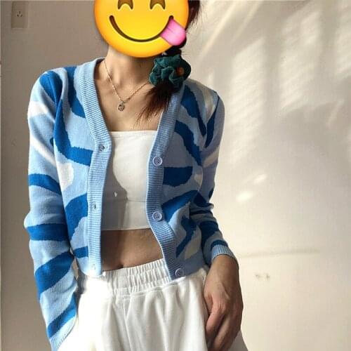 2021 Fall O-Neck Short Slim Zebra Striped Printing Single Breasted Buttons Street Style Women Sweater
