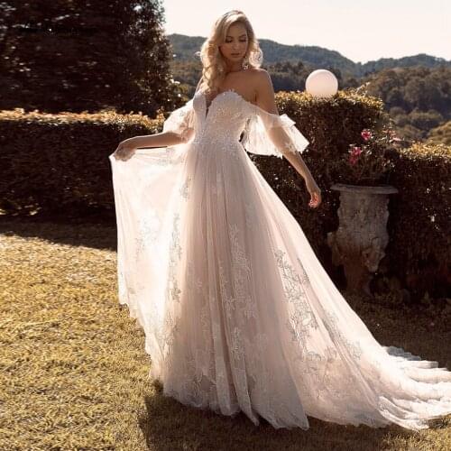 Vestido Novia Chic Boho Wedding Dress Vintage Lace Princess Bridal Dress Off Shoulder Sweetheart Beach Wedding Gowns 2021