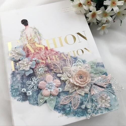 1pcs 3D Flowers Pearl Beaded Patch Lace Applique Sew On Patches Wedding Dress Decor Floral Patch Costume