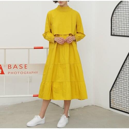 2021 Long Sleeve Spring Dress Plus Size Shirt Solid Color Loose Long Sleeve A-line Dress Ruffle Women Casual Long Dresses