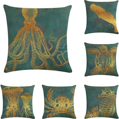 45*45cm Golden line marine animal turtle print Cushion Cover Linen Throw Pillow Car Home Decoration Decorative PillowcaseT419