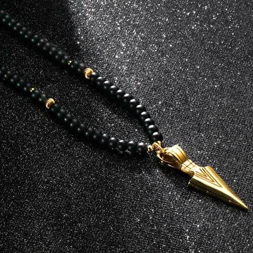 6mm Black Matte Beaded Necklace for Men Women Gold Color Alloy Lantern Arrow Charms Long Pendant Necklace Link Chain LDNM07