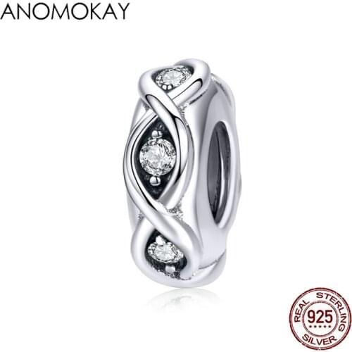 Anomokay 100% 925 Sterling Silver White CZ Infinity Love Charm Spacer fit Bracelet Bangles Tibetan 925 Silver Bead Fine Jewelry