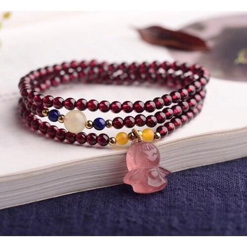 Wholesale Fine Wine Red Garnet Natural Stone Bracelets Beads With Strawberry Crystal Pendant Bracelet For Women Beauty Jewelry