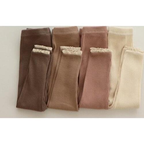 Baby Girl Elastic Leggings Infant Trousers 2021 New Autumn Childrens Lace Trim Knitted Ribbed Long Pants Baby Cotton Pp Pants