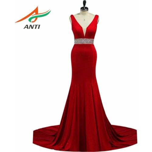 ANTI Elegant Trendy Mermaid Evening Dresses Long V-Neck Beading Crystal Robe De Soiree Formal Evening Gowns Dresses Floor-Length