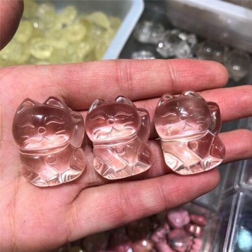 Cute Natural Stone Carved Clear crystal Lucky Cat Crystal Figurine Stone Fashion Carved Animal Figurine Gifts