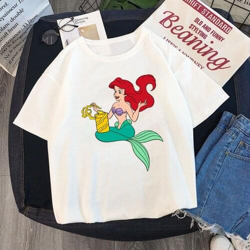 The little Mermaid Cartoon Print T Shirts Summer Women Short Sleeve Casual White Tshirts Girls Ladies Harajuku Female Tops Tees