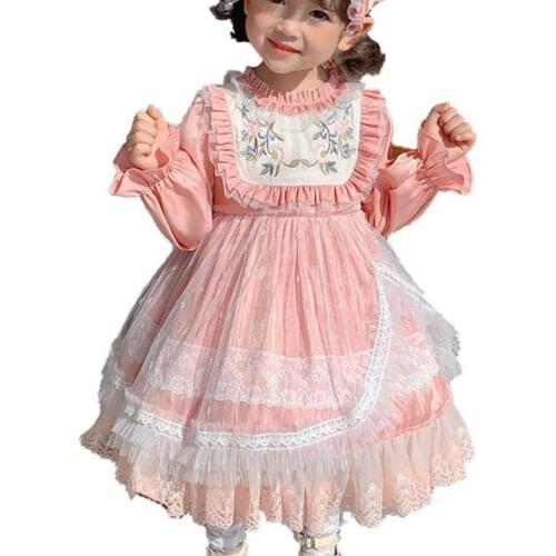 Vinatge Spanish baby girl lolita princess dress pink embroidered lace stitching ball gown party dress