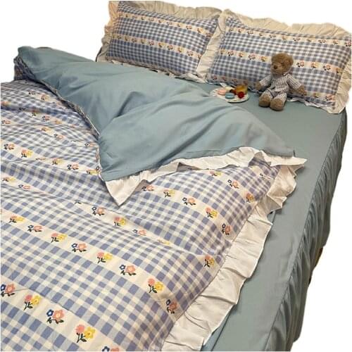 Korean Bed Skirt Gray Striped Bed Four-Piece Set Washed Cotton Girl Heart Princess Style Bed Sheet Quilt Cover Three-Piece Set 4