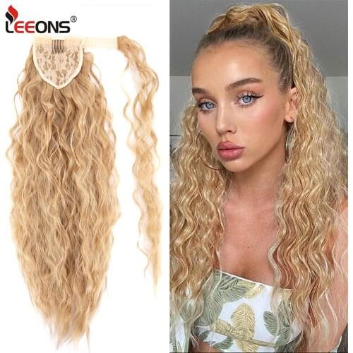Leeons 22"Synthetic Corn Wavy Long Ponytail Hair Pieces Wrap On Clip Hair Extensions 32Colors Ombre Brown Black Pony Tail Blonde