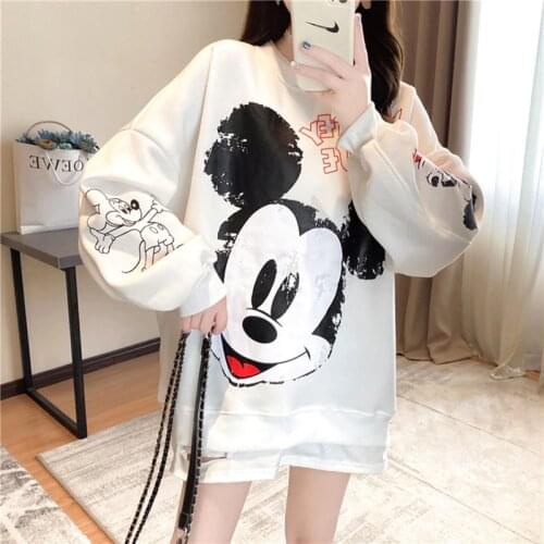 Disney Letter Fashion Sweatshirt Loose Tops Thickening Fake Two Casual Harajuku Mickey Pattern Printing Plus Velvet Women Female