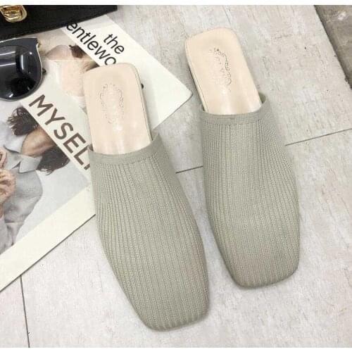 Women Mules Slippers Women Summer Flats Sandals Knit Fabric Stretch Slides Holiday Beach Shoes Square Heel Square Toe Flats