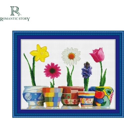 Romantic Story Small Bonsai Flowers Home Decoration Cross Stitch Handmade Needlework DIY DMC Cross-Stitch For Embroidery Kits