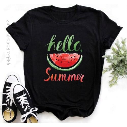 Premium O Neck Women Hello Summer Watermelon Harajuku Black T Shirt Female Short Sleeve Tee Shirted Girl Vogue Tops Tee