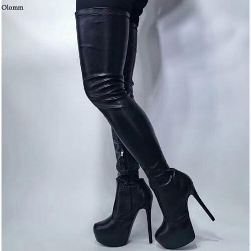 Olomm 2021 Handmade Women Platform Thigh High Flexible Boots Stiletto Heels Round Toe Elegant Black Party Shoes US Size 5-20