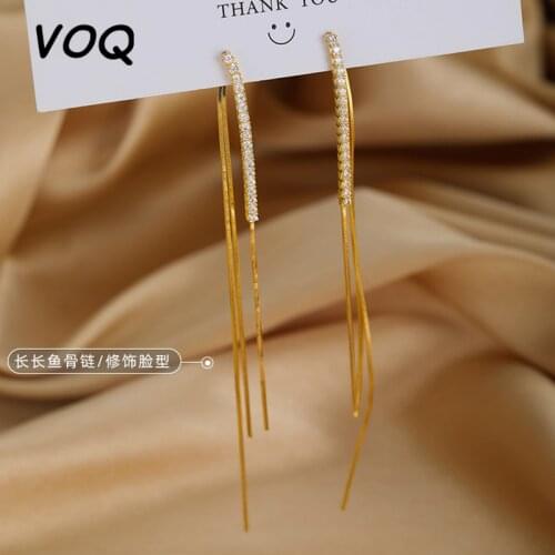 VOQ 925 Sterling Silver Zircon Long Chain Earrings Ladies Temperament Light Luxury Long Tassel Snake Bone Earrings Wholesale