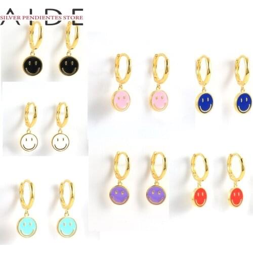 AIDE 925 Sterling Silver Colorful Earrings For Women Dripping Oil Huggie Earrings Smiley Sliver Jewelry Pendientes Mujer