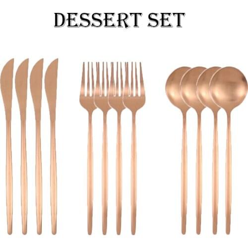 12pcs Stainless Steel Cutlery Dessert Set Matte Rose Gold Knife Fork Stirring Drink Spoons Ice Cream Silverware Utensils Sets