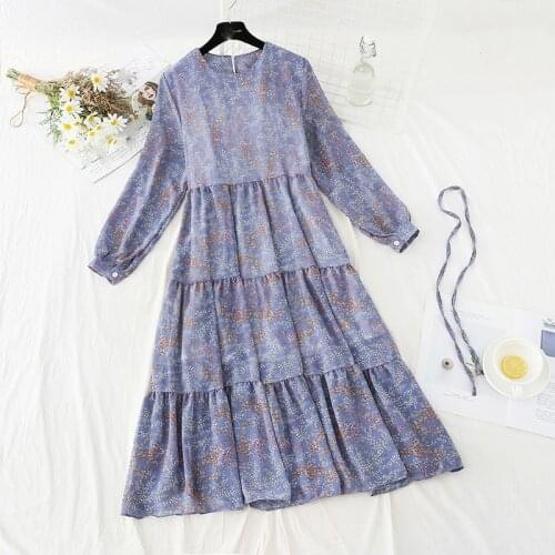 2021 early spring new womensdress round neck tie chiffon large size fat mm dress womens waist slim floral dress