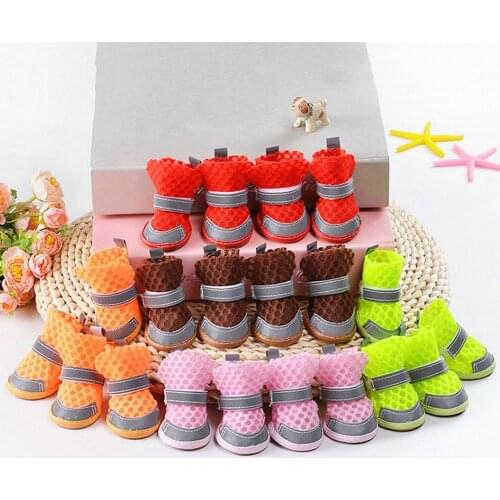 4Pcs Nonslip Dog Shoes Summer Heat Resistant Mesh Breathable Dog Boots Cute Dog Mesh Sandals with Reflective Adjustable Straps