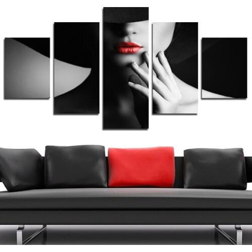 5pcs Red Lips Beautiful Sexy Lady Superior Make Up Poster Canvas Printing Black Wall Poster For Modern Living Room Decoration
