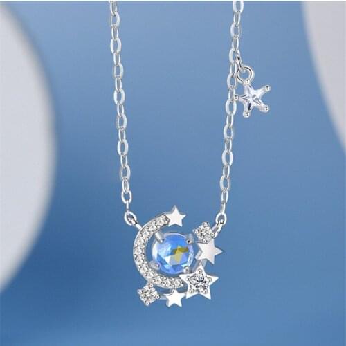 925 Sterling Silver Tassel Star Moon Charm Necklace For Women Creative Link Chain Pendant Elegant Party Jewelry Choker dz703