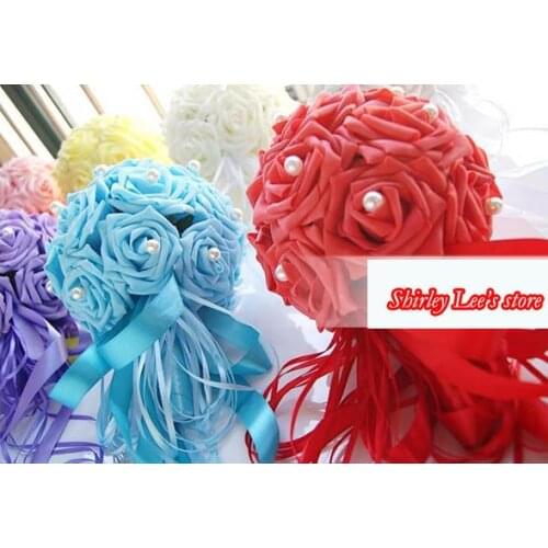 Free Shipping!!! (4pcs/lot ) 2013 New Design Artificial Foam Rose Bouquet W/Pearl Center in Blue,Red,Purple,Hot Pink Wedding
