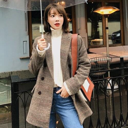 Spring Autumn Vintage Plaid Long Blazer Women double breasted Blazer Long Sleeve Suit Jacket Female Casual Coat