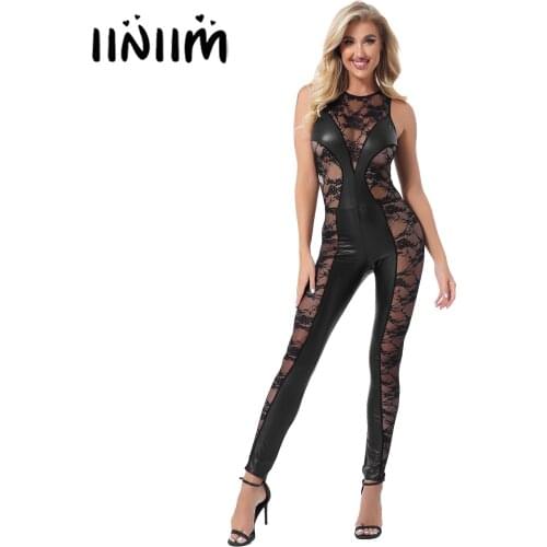 Black Womens Jumpsuit Lingerie Round Neck Sleeveless See-through Embroidered Lace Patchwork Patent Leather Bodysuit Underwear