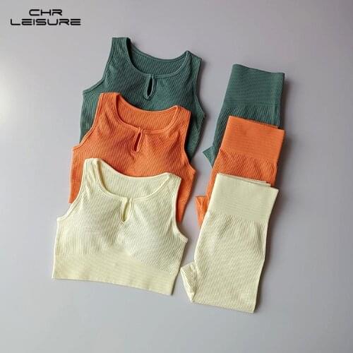 CHRLEISURE Sport Pants Sets Running Fitness Threaded Seamless Knitted Bra + Breathable Casual Seamless Pants Suit Women