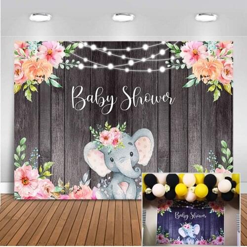 Elephant Baby Shower Backdrop for Photography Wood Floor Background for Photo Studio Flower Backdrops Newborn Party Decoration