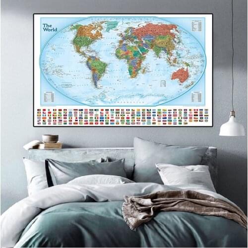 Non-woven Physical World Map 150x100cm Canvas Painting With Flags Wall Art Poster For Culture And Education Home Decoration