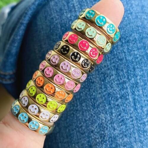 10Pcs Gold plated cute lovely pink blue yellow black colorful enamel smile face women adjustable finger band ring
