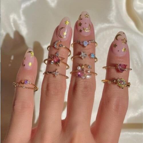 Fashion Micro-inlaid Crystal Zircon Star Moon Ring Sweet Elegant Delicate Flower Finger Ring for Women Girl Wedding Jewelry Gift