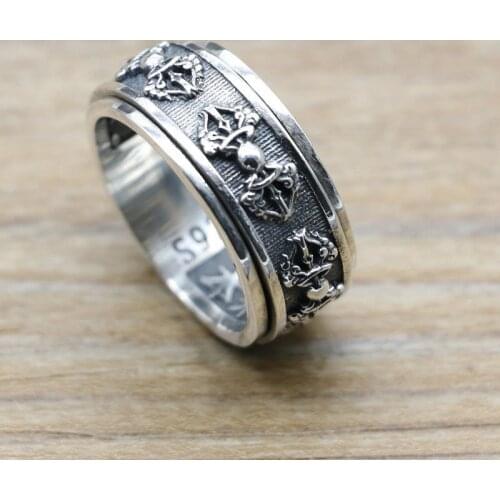 S925 Sterling Silver Ring Male Six Words Of Scripture Retro King Kong Pestle Thai Silver Rotate Ring Men