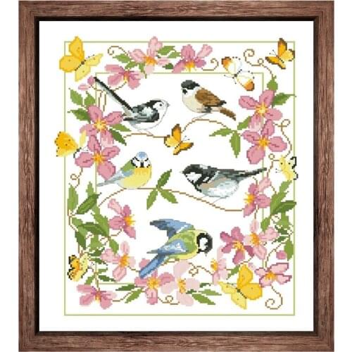 Dreampattern Flying visit cross stitch kits flower birds embroidery needlework sets 18ct 14ct 11ct white cloth DIY handmade