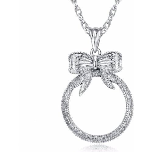 New Trendy Bow Long Chain Necklace With 2X Magnifying Glass Pendant Daily Reading Purpose Lead Free Magnifier