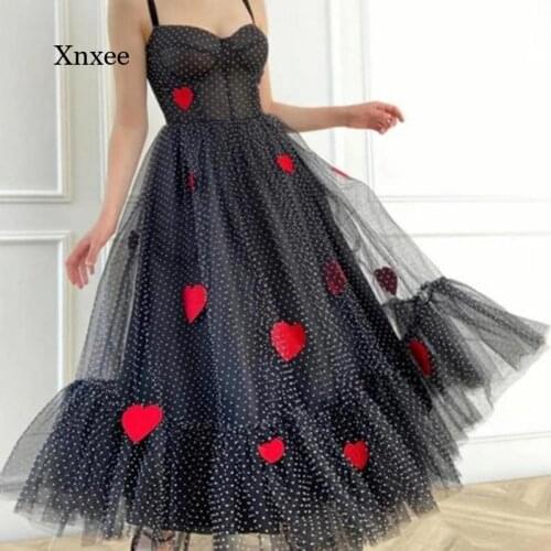 Strawberry Print Mesh Dress Summer Sexy Strap Shoulder Rufflewomen Dot Tulle Red Heart Mesh Dresses Fashion Robe Outifits