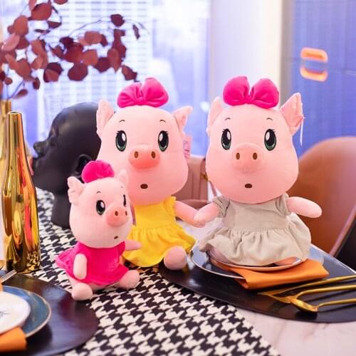 Cute Naive Piggy Plush Toy Stuffed Lying Pink Pig Hug Plushies Doll Toys For Baby Girl Dressing Bow Pig Animals Gift for Kids