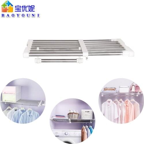 Closet Telescopic Shelf Wardroble Extension Shelf Stainless Steel Retractable Storage Rack Organizer Divider with Hanger