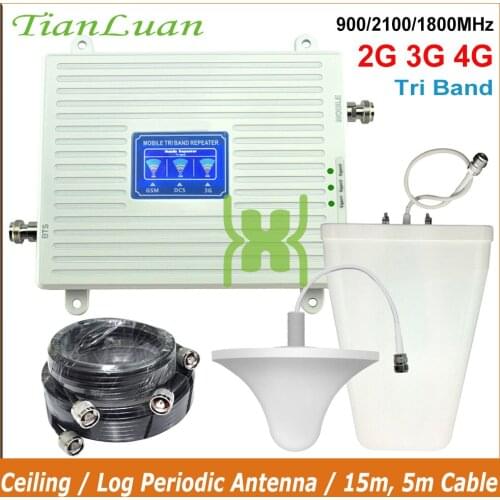 TianLuan 2G 3G 4G Tri Band Cell Phone Signal Booster GSM 900 LTE 1800 WCDMA 2100 MHz Mobile Phone Signal Repeater with Antenna