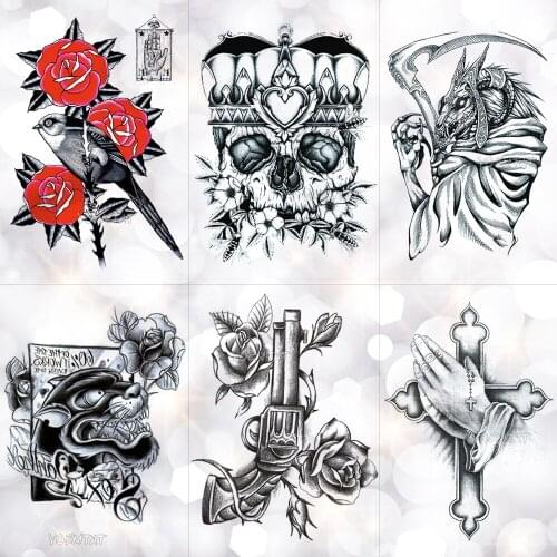 Crown Skull Scythe Death Waterproof Temporary Tattoo Sticker Sketch Praying Cross Flash Tattoos Body Art Arm Fake Tatoo