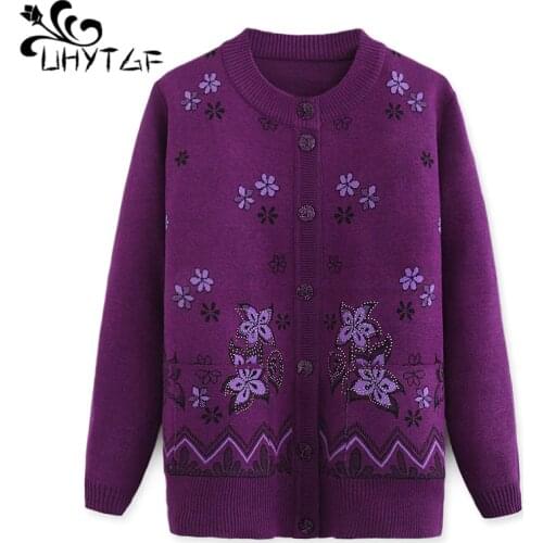 UHYTGF Womens jacket Fashion beaded knitted womens spring autumn sweater coat round neck cardigan elastic sweater Female 754