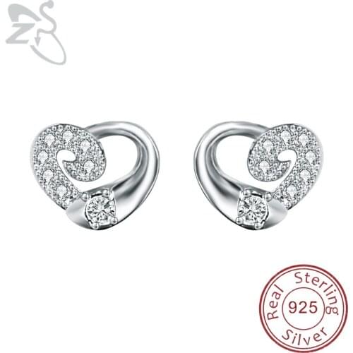 ZS Crystal Curved Heart Earrings Silver 925 Jewellery for Women Cubic Zirconia CZ Earring Small Ear Studs for Childern Earrings
