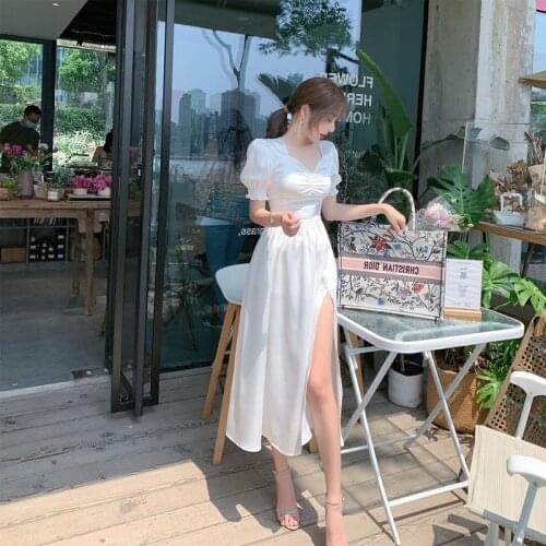 2020 New Womens Autumn Elegant Ruffle Dress French Sexy Split Dress Office Lady Casual Puff Sleeve Designer Party Dress