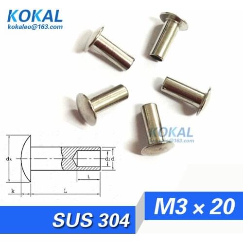 [304-M3*20]Free Shipping 100PCS 304 stainless steel oval head half hollow rivets M3*20mm M3 series RIVET