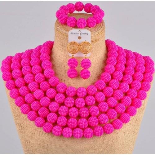 Fuchsia pink african beads jewelry set simulated pearl nigerian wedding necklace earrings set for women FZZ07