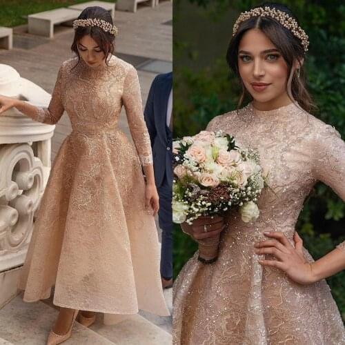 Arabic Lace A Line Prom Dresses with Sequins Long Sleeve Dubai Celebrity Dress Custom Made robes de mariée